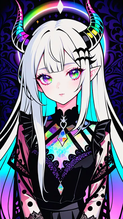 by yogisya pale demon girl, prismatic coloring, holographic vibe, chromatic black lace blouse, gothic background, (long straight horns:1.2)