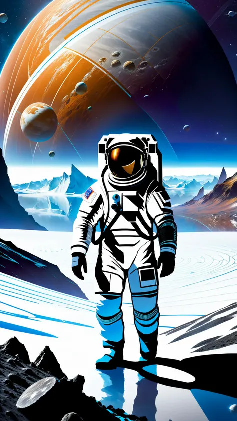 A cinematic photo of an astronaut standing walking on Europa's surface, He is wearing a white space suit with see through helmet, No atmosphere, ice cracked ground, Colossal mountains and ridges, Chasm, Blue color, Ice water, Stars in background, Glacial, lakes, (Planet Jupiter in the sky:1.2), Stellaris, NASA planet concept art, single planet, No man's sky, Grand scope, Surreal, AA cinematic photo of an astronaut standing walking on Europa's surface, He is wearing a white space suit with see through helmet, No atmosphere, ice cracked ground, Colossal mountains and ridges, Chasm, Blue color, Ice water, Stars in background, Glacial, lakes, (Planet Jupiter in the sky:1.2), Stellaris, NASA planet concept art, single planet, No man's sky, Grand scope, Surreal, Award winning photograph, Misty, Hazy, Ultra detailed, Chromatic, Card Foil style, dramatic, atmospheric, Masterpiece, SimplepositiveXLv1ward winning photograph, Misty, Hazy, Ultra detailed, Chromatic, Card Foil style, dramatic, atmospheric, Masterpiece, shadow wizard money gang