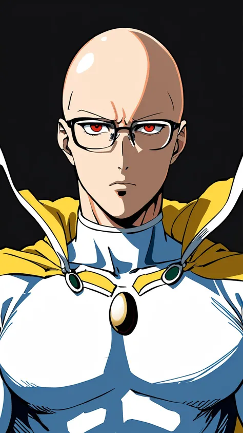 Andrew Tate as saitama, Andrew Tate Saitama, one punch man, black glasses, bald Andrew Tate, serious face, wearing one punch man costume, muscular body, saitama, extremely detailed
