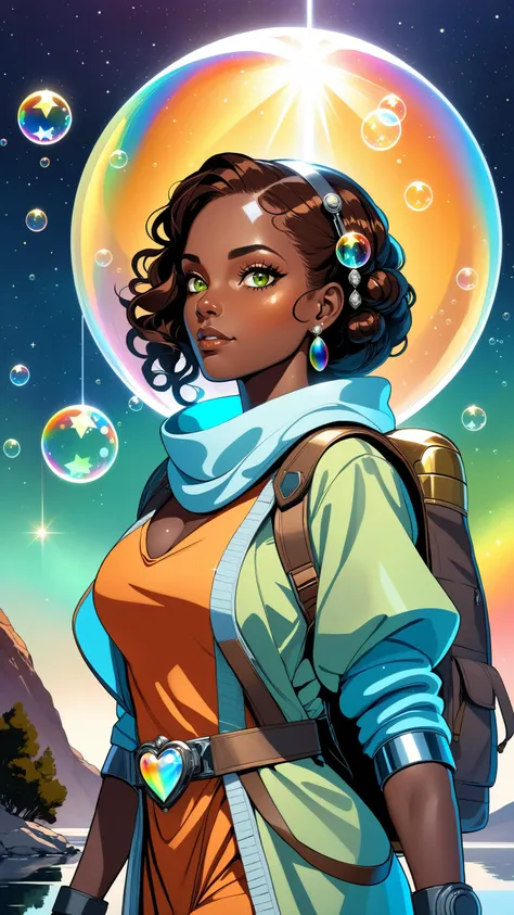 (1girl, thin adult girl:1.2), (dark glass skin, diamond body, multi colored eyes:1.3), dark brown eyes, chestnut hair, mutton chops, (post apocalypse:0.8), portrait, solo, half shot, looking down, detailed background, detailed face, ChronomancyAI, (chronomancy theme:1.1), bubble-wizard, orange sorcerer robes, surrounded by light green bubbles, rainbow, floating orbs, large bubbles, floating sparkling particles, transclucent, glowing bubbles, swirling bubbles, graceful, bubbles in background, intricate patterns, starry sky, magical atmosphere, space, Egypt futuristic, (by Enki Bilal , methurlant) surreal, (hyper realistic:1), ((upper body selfie, happy)), masterpiece, best quality, ultra-detailed, solo, outdoors, (night), mountains, nature, (stars, moon) cheerful, happy, backpack, sleeping bag, camping stove, water bottle, mountain boots, gloves, sweater, hat, flashlight, forest, rocks, river, wood, smoke, shadows, contrast, clear sky, analog style, (warm hue, warm tone), methurlant Dean Cornwell A portrait of a female cyborg , organic armor, silver, (intricate, atmospheric, surreal, gritty, cinematic, stylized, contrast, comic, eerie, stylized, dystopian), (high contrast:1.1), (Reflected light:1.2), ultra detailed, (rainbow skin:1.3), (surrealism:1.1), (disturbing:1.1), (cottagecore), (geometric:1.2), (futurism:1.2), impressionist, (detailed), (majestic:1.2), (breathtaking), (suggestive:1.3), (depressing:1.1), (cute:1.4), (enticing:1.4), (irresistible:1.4), disturbing, (fascinating:1.2), (magnetic:1.2), (color palette:crimson:1.1) (color palette:cerulean:1), heart on chest
