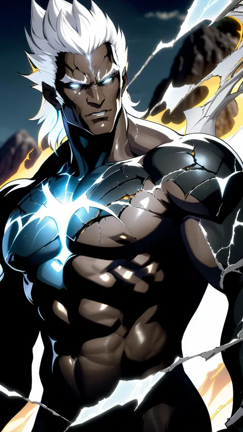 black humanoid made of rock, upper body, barechested, male,  ((masterpiece, best quality)), ultra detail, (realistic, raw photo), glass skin, white electricity coming through cracks, muscular male, (dragonborn:0.6), white hair, outdoors, detailed background, (AnimeRage), (Cracked Skin:1.4)