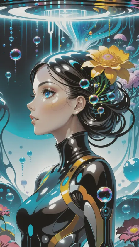 biomechanical yamer style style illustration beautiful woman, colorful melting human head, acrylic bubbles and flowers, ferrofluids, water distortions. looking up, intricate abstract, intricate artwork, beeple, blend of organic and mechanical elements, futuristic, cybernetic, detailed, intricate, dark theme, (in awe:1.2), confident, (surprised:0.7), natural skin, style of Stan Manoukian, <lora:xl_yamer_style-2.0:0.7>, physically based unbiased rendering, natural lighting, soft shadows, extremely high-resolution details, photographic, realism pushed to extreme, fine texture, 4k, ultra-detailed, high quality, high contrast