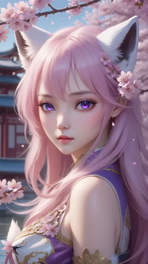masterpiece,best quality,official art,extremely detailed,cg,8k,wallpaper,(flying petals),(detailed ice),crystals,texture skin,cold expression,((fox ears)),pink hair,long,hair,messy hair,purple eye,looking at viewer,extremely delicate and beautiful,((beauty detailed eye)),highly,detailed,cinematic,lighting,(beautiful face),fine water surface,(original figure painting),ultra- detailed,incredibly detailed,(an extremely delicate and beautiful),beautiful detailed eyes,(best quality),full body,standing,outdoors,cherry blossoms,east asian architecture,cowboy shot,