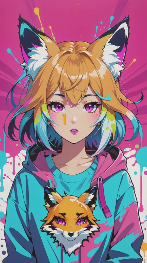 (masterpiece:1.1), (highest quality:1.1), (HDR:1.0), extreme quality, cg, (negative space), detailed face and eyes, 1girl, fox ears, animal ear fluff, (honey:1.2), (bright colors), splashes of color background, colors mashing, paint splatter, complimentary colors, neon, (thunder tiger), irritated, electric, limited palette, synthwave, vaporwave, fine art, tan skin, upper body, (red and magenta:1.2), time stop