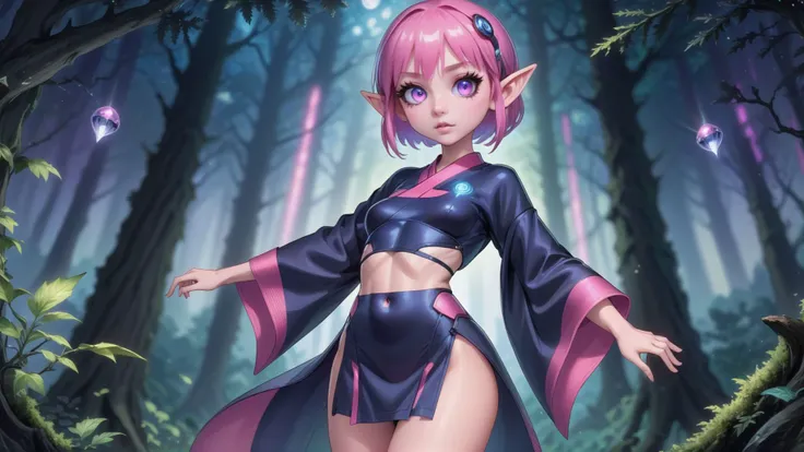 anime style,medium breasts,slim hourglass figure,narrow waist,1girl,(lead scientist alien:1.3),elf,(in a dark dark forest:1.3),(full body:1.4),thigh gap,long eyelashes,iridescent indigo eyes,pose,[:wild costume design:0.2],medium breasts,wide hips,narrow waist,sexy athletic toned perfect hourglass figure,(muscular legs:0.25),(kimono, shirt lift:1.2),<lora:EnvyCuteXL02:0.9>,pink outfit,pink hair,