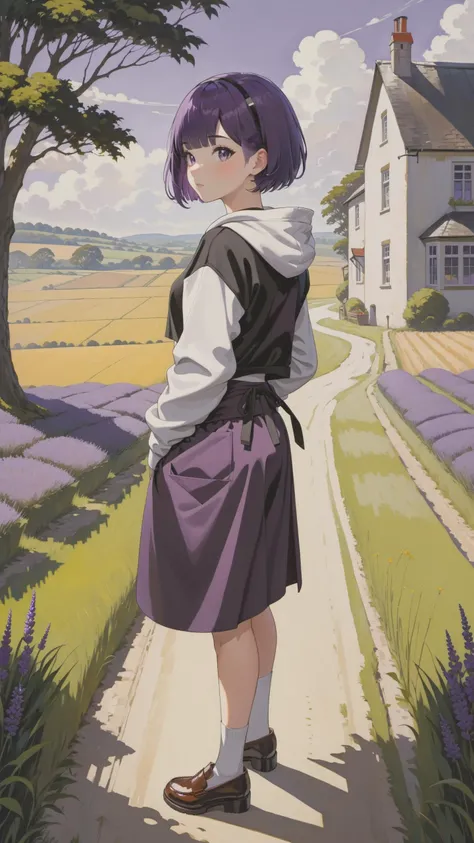 1girl, purple hair, very short hair, half updo hair, bangs, hooded sweatshirt waist apron loafers, decadent countryside daytime, close to viewer
