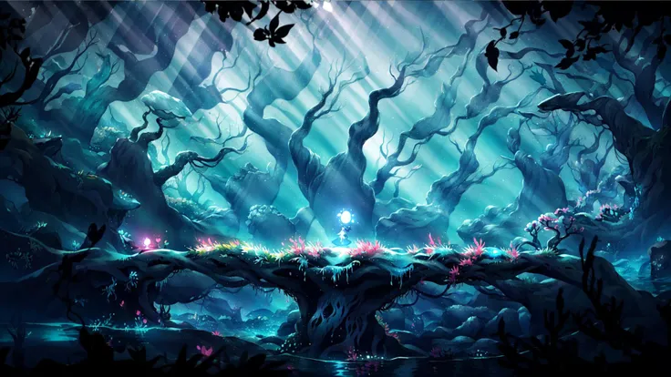 masterpiece,best quality,<lora:Silhouette:0.6>,Silhouette,light particles,water,water drop,underwater,<lora:S1-Ori-ArtStyle_DreamLike-000008:1>,ori and the will of the wisps,ori and the blind forest,spirit tree,ori,