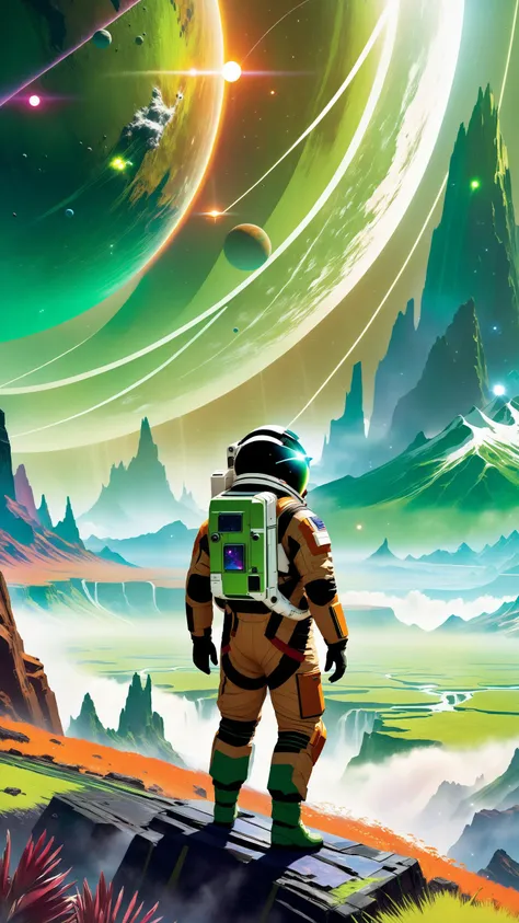 A cinematic front facing close up portrait of a 25 year old Japanese male wearing astronaut suit, (Dense thick brown and green color atmosphere:1.2), Staring into the abyss, Colossal mountains and ridges, Chasm, Methane lakes, Grand canyon, green color, brown color, Brown water, Thunderstorm in atmosphere, Lighting, Raining, Massive tsunami, Nasa planet concept art, Sellaris, No man's sky, Single planet, Grand scope, Surreal, Award winning photograph, Misty, Hazy, Ultra detailed, dramatic, atmospheric, Masterpiece, lens flare, anime style