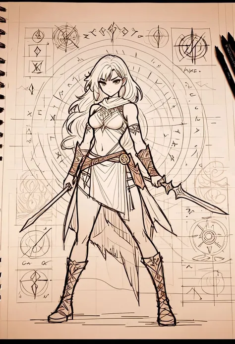 Sketchbook Style, Sketch book, Anime style, hand drawn, dark, gritty, realistic sketch, Rough sketch, mix of bold dark lines and loose lines, bold lines, on paper, turnaround character sheet, a barbarian woman in dark fantasy world, action pose, Full body, arcane symbols, runes, dark theme, Perfect composition golden ratio, masterpiece, best quality, sharp focus. Better hand, perfect anatomy