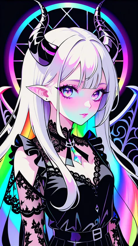 pale demon girl , prismatic coloring, holographic vibe, chromatic black lace blouse, gothic background, (long straight horns:1.2)