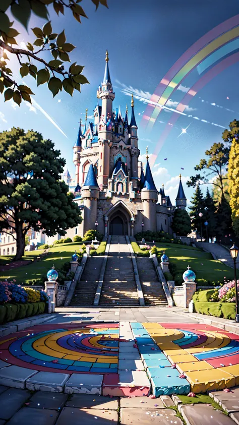 (Masterpiece, best quality:1.3), highly detailed, 8k, Candy castle, full background, candyland, ice cream, fantasy, rainbow, road, water, balloon, no humans, sharp focus, (depth of field), colorful, (scenery), tree, sky, ((shiny:1.2)), shadow, natural lighting, sparkle, [shimmer:0.2], cake, candy, dynamic view, fantastic, (details:1.2), extremely detailed background, atmosphere, (bloom:0.4), pastel colors, stairs, cinematic, heart on chest