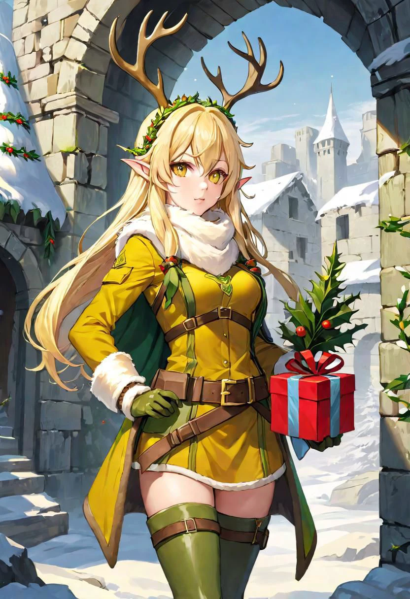 vibrant colors, upper body, SFW, mistletoe mercenaries, 1girl, solo, female, (antlers, long elf ears, rabbit tail), blonde hair, long hair, yellow eyes, nervous, (blush:1.2), looking at viewer, yellow military outfit, gloves, belt, boots, scarf, (fur trim:1.2), mistletoe crown on head, (holding present, present in hands), outdoors, ruins, stone floor, stone wall, snow, christmas decoration, (rubble:1.1), sunset, purple light, orange light