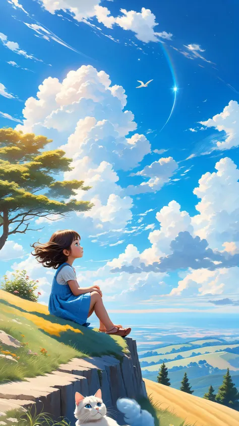 little girl sitting on the hill looking at sky, with her hair blowing in clear day, with cat, (blue sky:1.25), sideway glance, young girl, cloud, endless sea, noon, summer, floating hair, cumulus clouds, forest, tree, face focus, cute
