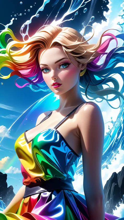 model shoot style, anime style, (extremely detailed CG unity 8k wallpaper), (Chaotic storm of liquid smoke in the head:1.2), stylized beauty full - length abstract portrait, shattered glass, bubbly underwater scenery, radiant light, HDR, ultra details, Ultra Realism, Ultra Realistic, Sharp Details, intricate, elegant, dreamlikeart, Beautiful Psychedelic, trippy, volumetric lighting maximalist photo illustration, photorealistic, hyperrealism, rainbow skin, rainbow skirt