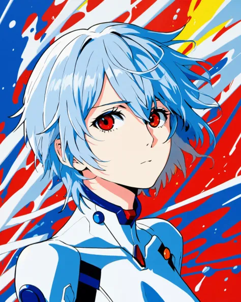 (masterpiece, best quality, absurdres:1.2), Rei Ayanami wearing plugsuit, neutral expression, colorful swirly background made of paint splashes, by Hideaki Anno, wearing plugsuit, white plugsuit hair clips, light blue hair and red eyes
