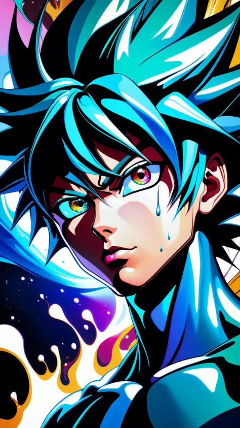 dbz style, jjba style, death note style, ultra detailed artistic abstract photography of liquid lust, detailed captivating eyes on molten statue, asymmetrical, gooey liquid hair, color exploding lips, highly refractive skin, Digital painting, colorful, volumetric lighting, 8k, by Cyril Rolando, by artgerm, Trending on Artstation, 16k resolution, 300 dpi, 600 dpi, 4k, Contest winner, High definition, detailed, realistic, 8k uhd, high quality