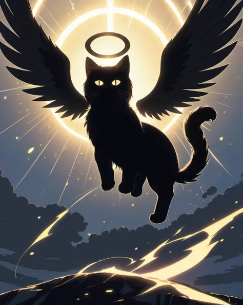 (masterpiece, best quality, absurdres:1.2), anime, a fluffy black kitten with the wings of a fallen angel and a glowing broken circular halo