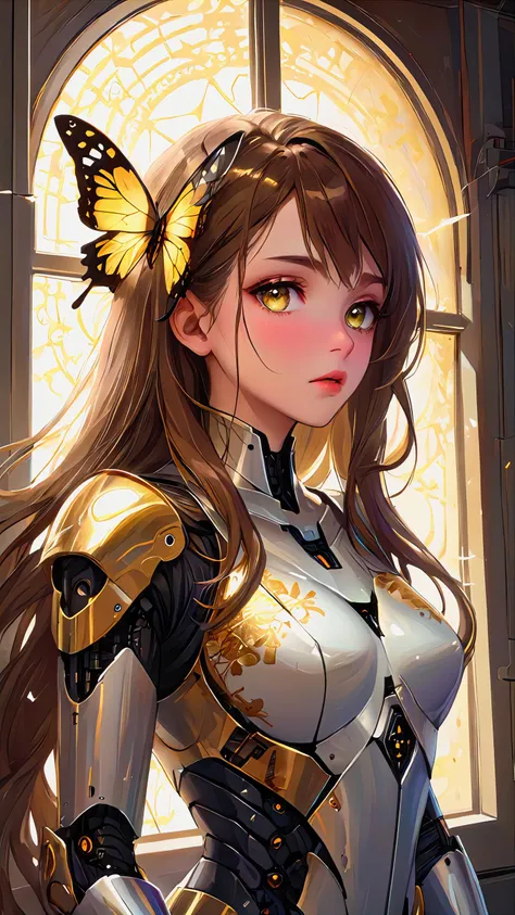 In Casey Baugh's evocative style, art of a beautiful young girl cyborg with long brown hair, futuristic, scifi, intricate, elegant, highly detailed, majestic, Baugh's brushwork infuses the painting with a unique combination of realism and abstraction, greg rutkowski, surreal gold filigree, broken glass, (masterpiece, side lighting, finely detailed beautiful eyes: 1.2), hdr, realistic painting, natural skin, textured skin, closed mouth, crystal eyes, butterfly filigree, chest armor, eye makeup, robot joints, long hair moved by the wind, window facing to another world, Baugh's distinctive style captures the essence of the girl's enigmatic nature, inviting viewers to explore the depths of her soul, award winning art