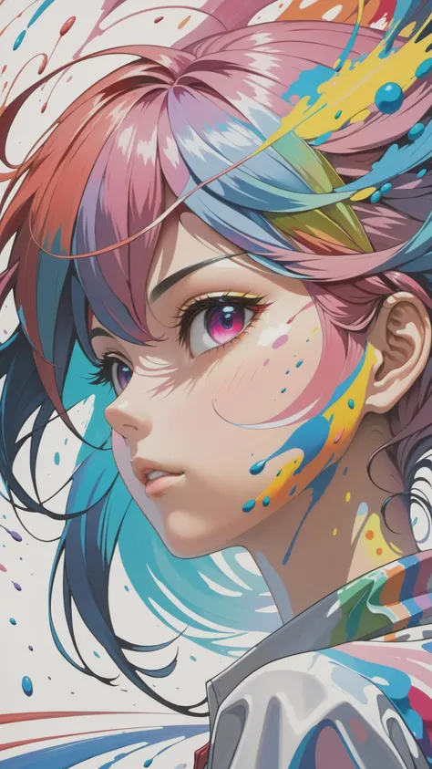 double exposure, whirlwind of paint, girl, (paint splashes, colorful, outrun, paint texture:1.2), (masterpiece:1.2), best quality, (hyperdetailed, highest detailed:1.2), high resolution textures, (absurdres, best quality, highly detailed:1.2), a portrait of one side woman's face, anime, by Anno Hideaki, colorful hair, close up on side of face