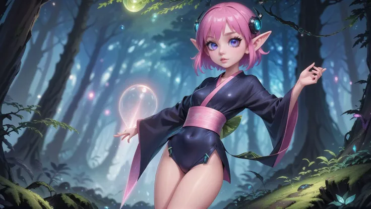 anime style,medium breasts,slim hourglass figure,narrow waist,1girl,(lead scientist alien:1.3),elf,(in a dark dark forest:1.3),(full body:1.4),thigh gap,long eyelashes,iridescent indigo eyes,pose,[:wild costume design:0.2],medium breasts,wide hips,narrow waist,sexy athletic toned perfect hourglass figure,(muscular legs:0.25),(kimono, shirt lift:1.2),<lora:EnvyCuteXL02:0.9>,pink outfit,pink hair,