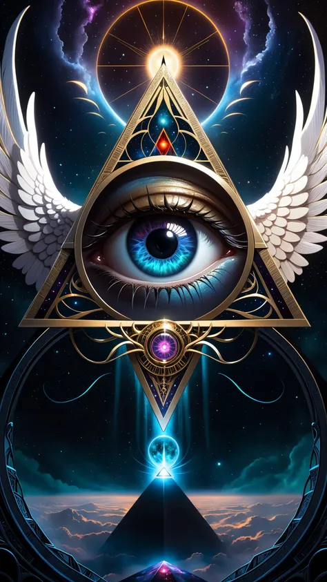 (a hyper realistic picture of a illuminati eye in a pyramid form with angel wings), flying in the sky, space backdrop, Digital art inspired by the cosmic horrors found in the works of Algernon Blackwood, An enigmatic space horror takes the form of a colossal eye within a grand sphere, Eldritch entities, reminiscent of Blackwood's creations, emerge as Cthulhu ominously consumes the sun, Thousands of humanity's last defenders, along with starships, embark on a desperate mission to thwart this cosmic threat, Crafted in mesmerizing high definition 8K, the celestial battleground unfolds against the backdrop of the Milky Way, partially obscured by cosmic shadows. Mind flayers, illithids, and abyssal demons inhabit deep space, engaging in a profound cosmic struggle, signaling an impending cataclysm, Horror-themed I stand amazed by the visionary genius of the artist, the exacting precision of every brush stroke making the canvas come alive with awe inspiring visuals, (illustration of a beautiful angel's final breath as she succumbs to death),angelic robes soaked in blood, the artist mourns the life of a fallen goddess, the death of virtuous saint to hands of evil, the eyes plead with the viewer to release them from their pain, (((intricate background of evil spirits in the shadows))), glow effects, Hand drawn, render, 8k, octane render, blender, dark, atmospheric 4k ultra detailed, cinematic, Sharp focus, big depth of field, Masterpiece, colors, 3d octane render, 4k, concept art, hyper realistic, Vivid colors, extremely detailed CG unity 8k wallpaper, Intricate, High Detail, dramatic, Eerie, unsettling, dark, highly detailed