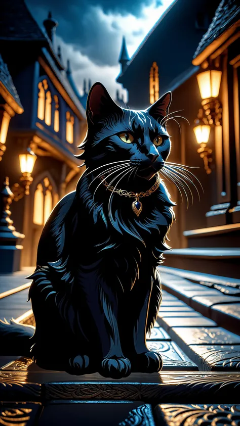 (dark magic), (grim), the black cat, dynamic pose, (intricate details), (hyperdetailed), 8k hdr, high detailed, lot of details, high quality, soft cinematic light, dramatic atmosphere, atmospheric perspective, realistic, photorealistic