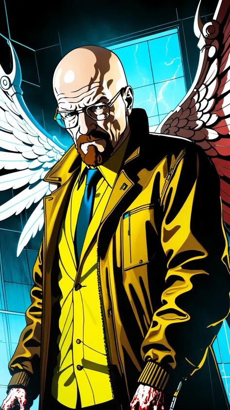 (art by Tom Everhart:1.0), Anxious slight Golden Age Walter White, ((walter white serious grim face)), Politician, Ginger beard, Watch, Robotic Body Parts, Sketch, Screaming, Realism, volumetric lighting, CMYK Colors, virtual, disintegration, wireframe, rgb, translucent, transparent, reflection, ultra detailed anime, high res anime, high quality, (anime style), angel wings, Cthulhu, biomechinical, biomachines, ((hnsrdlf style)), detailed reflections, dark atmosphere, gothic art, futuristic, realistic blood, realistic reflections, RTX graphic, HDR, ultra detailed, real blood, detailed sky, nightmare