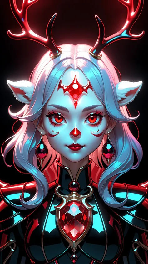 instant christmas, neon red reindeer, high quality fantasy art of a beautiful raging reindeer made of transparent glass, glowing within, delicate figurine, red nose, kawaii, chibi, adorable, flame eyes, ultra Realistic, Extreme Detailed, beautiful Prism light, neon light, Glass made ultra Detailed transparent raging red reindeer, ultra transparent, wearing glass made transparent luxury Armor, Hyper realistic art skull joker demon concept art portrait by Casey Weldon, Olga Kvasha, Miho Hirano, hyper detailed intricately detailed gothic art trending on Artstation triadic colors Unreal Engine 5 detailed matte painting, deep color, fantastical, intricate detail, splash screen, complementary colors, fantasy concept art, 8k resolution, gothic DeviantArt masterpiece, Extremely high-resolution details, photographic, realism pushed to extreme, fine texture, incredibly lifelike