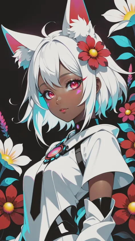 (abstract art:1.2), fractal art, psychedelic art, (style of Fedir Manailo:1.18), white theme, dark theme, 1girl, flowers, animal ear fluff, (neon color), hyper fusion, cyber, headdress, cheerful expression, dark red accent, masterpiece, best quality, ultra high res, award-winning art, highly detailed, beautiful aesthetic, ethereal, atmosphere, (fisheye lens:1.18), (dark skin, dark-skinned female), emotional, looking at viewer, jealous, (thoughtful:1.2), (heat haze), (shimmer lines:1.3), deep aesthetic, curious, (pov:1.35)