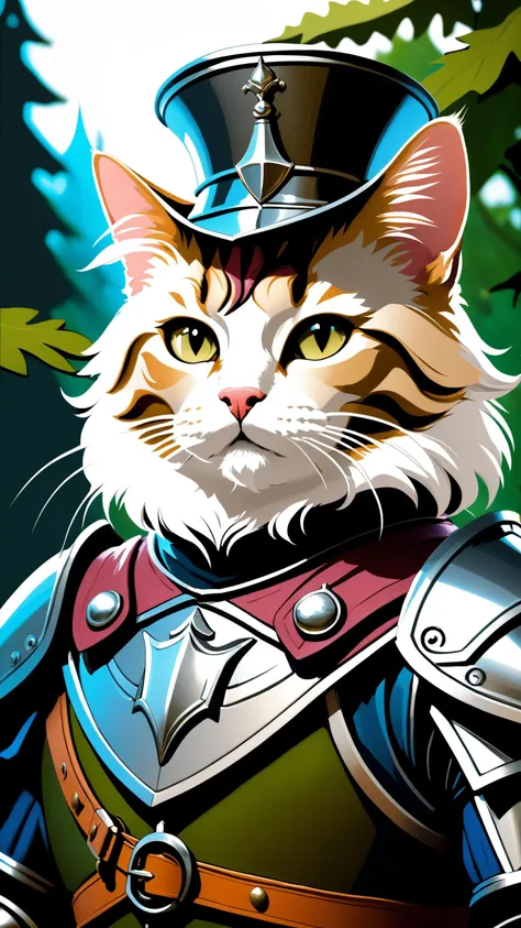D&D cat warrior, Dungegon and dragons style, furry man, (((masterpiece))), (((best quality))), ((highly detailed)), (8k portrait of a cute small cat with hat), (royal pose), (noble cat), (digital art), close up, upper body, magical atmosphere, magical forest, open forest, inside castle, knight armore, brave soldier, face smug, black tail, detailed fur, magic furry soldier, detailed medieval armor, wearing glasses, blush face, detailed background