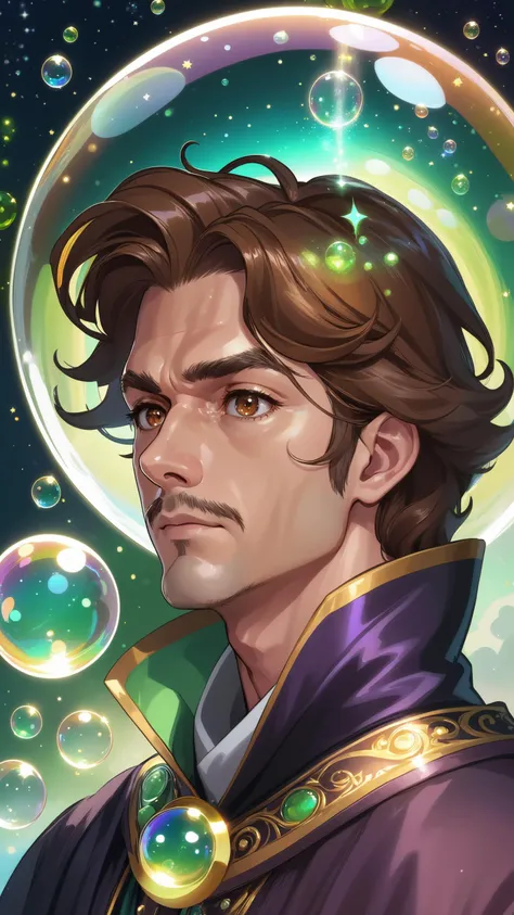 (1man, thin adult male:1.2), dark brown eyes, chestnut hair, mutton chops, (style-swirlmagic:0.8), portrait, solo, half shot, looking down, detailed background, detailed face, ChronomancyAI, chronomancy theme:1.1), bubble-wizard, orange sorcerer robes, surrounded by light green bubbles, rainbow, floating orbs, large bubbles, floating sparkling particles, transclucent, glowing bubbles, swirling bubbles, graceful, bubbles in background, intricate patterns, starry sky, magical atmosphere