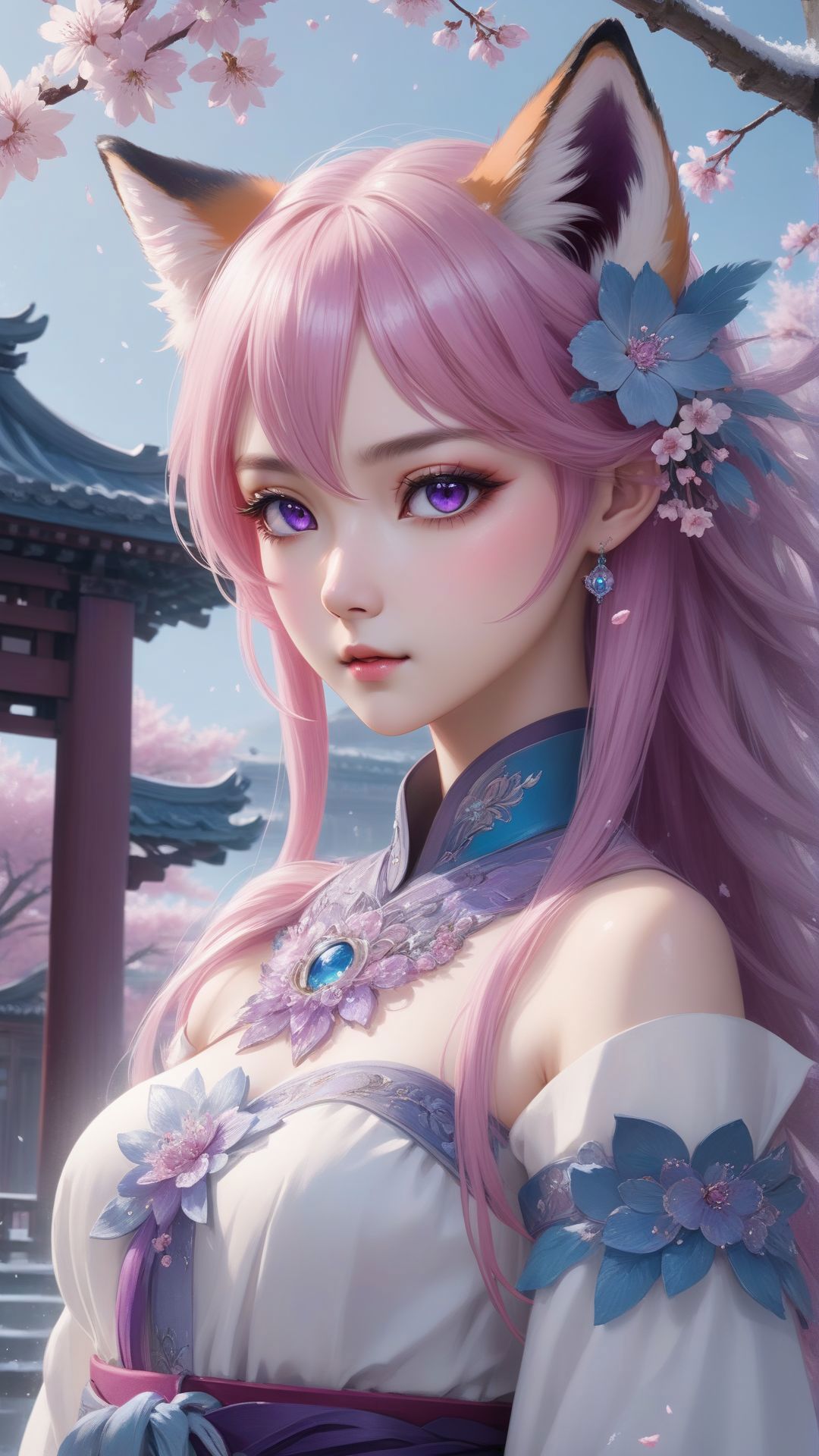 A girl with pink hair and a cat ears is standing in front of a pagoda ...