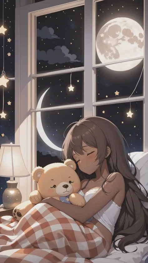 Anime Girl, cute Sleep comfortably on a bed, Cover with a blanket, Stuffed Animals, Wall light string, window, Cozy and cozy atmosphere, at night, Want to know, Pixif, perfect Anime Girl, black dark skin, Beautiful hands, Sleep, moon and stars outside window, (Medium breasts), Perfect hands, Bear stuffed animals, Magic Aura