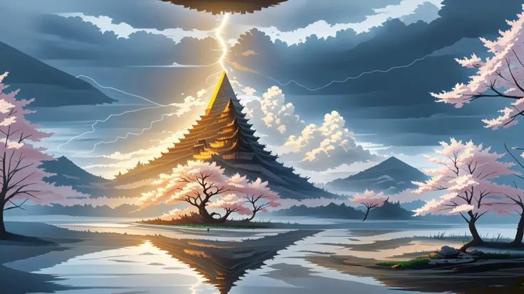 pyramid \(structure\),forest,lightning,lightning bolt,no humans,cherry blossoms,landscape,<lora:guanyin_20230801144229:0.5>,guanyin,<lora:PAseerCloudV1:0.7>,clouds,water,reflections,