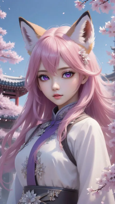 masterpiece,best quality,official art,extremely detailed,cg,8k,wallpaper,(flying petals),(detailed ice),crystals,texture skin,cold expression,((fox ears)),pink hair,long,hair,messy hair,purple eye,looking at viewer,extremely delicate and beautiful,((beauty detailed eye)),highly,detailed,cinematic,lighting,(beautiful face),fine water surface,(original figure painting),ultra- detailed,incredibly detailed,(an extremely delicate and beautiful),beautiful detailed eyes,(best quality),full body,standing,outdoors,cherry blossoms,east asian architecture,cowboy shot,