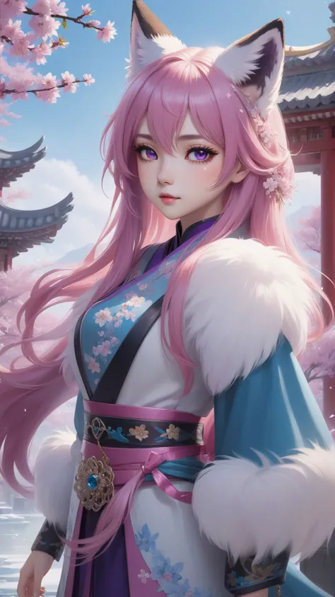 masterpiece,best quality,official art,extremely detailed,cg,8k,wallpaper,(flying petals),(detailed ice),crystals,texture skin,cold expression,((fox ears)),pink hair,long,hair,messy hair,purple eye,looking at viewer,extremely delicate and beautiful,((beauty detailed eye)),highly,detailed,cinematic,lighting,(beautiful face),fine water surface,(original figure painting),ultra- detailed,incredibly detailed,(an extremely delicate and beautiful),beautiful detailed eyes,(best quality),full body,standing,outdoors,cherry blossoms,east asian architecture,cowboy shot,