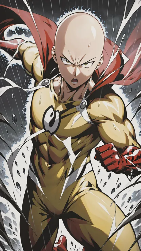 Anime, Saitama, one punch man, detailed anime, (saitama, serious face), determined saitama, ultra detailed, anime style, storm and rain, action scene, rage, detailed, rage face, dynamic pose, close up, wearing venom suit, carnage suit