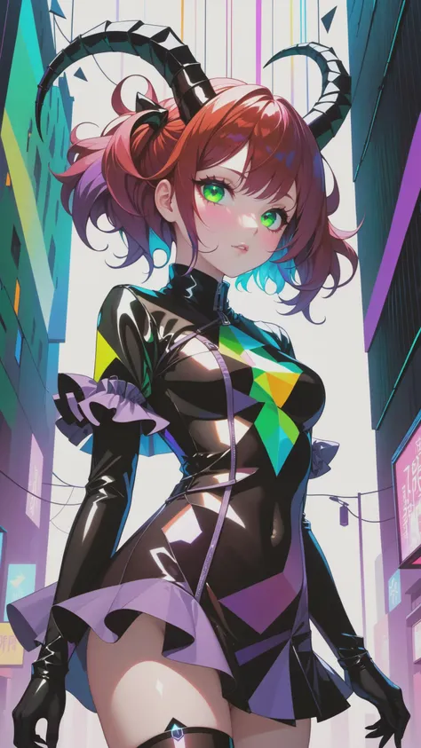 dark shot, city street, pastel goth, sexy goth girl, photo of cute 24 years old redhead woman, cinematic shot, hard shadows, photorealistic, cute face, looking at viewer, glitched face effect, shattering skin effect, colorful outfit, witch purple clothes, glitched background effect, frilly hairstyle, latex dress, torso, body, 8k, ultra-detailed, highres, rainbow skin, shattered glass effect, (best quality, masterpiece:1.2), (deformed neon light:1.3), soft particles of fractal fire, volumetric lighting, (masterpiece, best quality), 1girl, intricate details, 8k, artstation, wallpaper, official art, splash art, sharp focus, dark atmosphere, black coat, black dress, cartoon for adults, white sleeves, sleeves past finger, sleeves past wrists, horns, (cottagetore), (geometric:1.2), futurism, impressionist, detailed, majestic, breathtaking, (suggestive:1.3), (depressing:1.3), (cute:1.2), enticing, (irresistible:1.3), disturbing, fascinating, (magnetic:1.2), (green), latex clothing, suggestive position, latex costume, Depth of field, vivid color, rainbow bloody veins growing and intertwining out of the darkness, (nailed wire), oozing thick blue blood, sharp neon, veins growing and pumping blood, vascular networks growing, under water