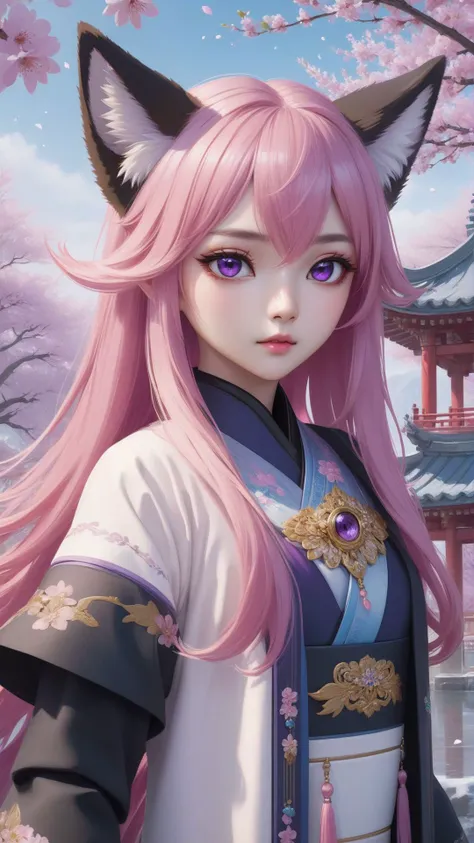 masterpiece,best quality,official art,extremely detailed,cg,8k,wallpaper,(flying petals),(detailed ice),crystals,texture skin,cold expression,((fox ears)),pink hair,long,hair,messy hair,purple eye,looking at viewer,extremely delicate and beautiful,((beauty detailed eye)),highly,detailed,cinematic,lighting,(beautiful face),fine water surface,(original figure painting),ultra- detailed,incredibly detailed,(an extremely delicate and beautiful),beautiful detailed eyes,(best quality),full body,standing,outdoors,cherry blossoms,east asian architecture,cowboy shot,