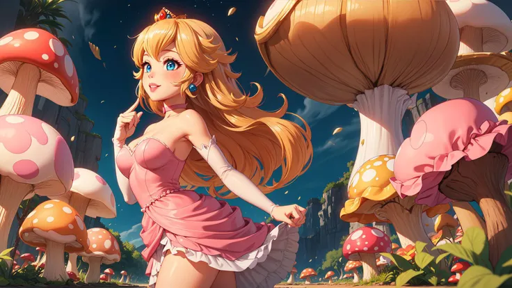 highres,masterpiece,perfect ligthing,bloom,cinematic lighting,adult,perfect skin,female,from side,cowboy shot,smile,narrow waist,skinny,<lora:PrincessPeachMovie:0.6>,(PrincessPeach),(Princess Peach),(Pink Dress:1.2),choker,detailled eyes,blue eyes,choker,sensual,mushrooms,mushroom kingdom,pink lips,((glossy lips)),pursed lips,pink pumps,glossy skin,oily skin,beautiful light,(day:1.3),bright,
