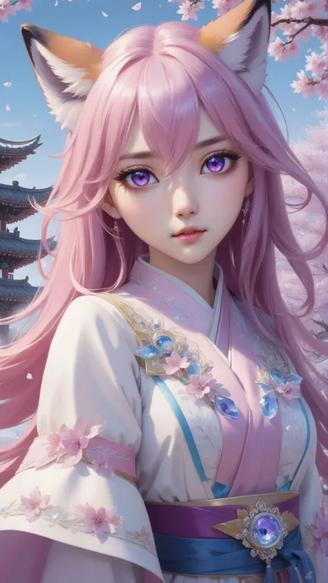 masterpiece,best quality,official art,extremely detailed,cg,8k,wallpaper,(flying petals),(detailed ice),crystals,texture skin,cold expression,((fox ears)),pink hair,long,hair,messy hair,purple eye,looking at viewer,extremely delicate and beautiful,((beauty detailed eye)),highly,detailed,cinematic,lighting,(beautiful face),fine water surface,(original figure painting),ultra- detailed,incredibly detailed,(an extremely delicate and beautiful),beautiful detailed eyes,(best quality),full body,standing,outdoors,cherry blossoms,east asian architecture,cowboy shot,