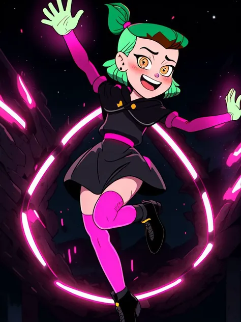 masterpiece,best quality,AmityS1,1girl,solo,green hair,yellow eyes,short ponytail,absurdres,earrings,black capelet,grey dress,pink sleeves,long sleeves,blush,looking at viewer,pink legwear,jumping,night,night sky,open arms,open mouth,smile,black footwear,neon lights,<lora:AmityTOH:1>,