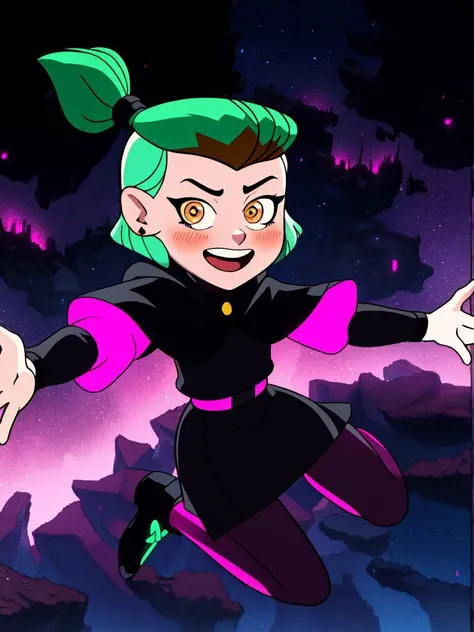 masterpiece,best quality,AmityS1,1girl,solo,green hair,yellow eyes,short ponytail,absurdres,earrings,black capelet,grey dress,pink sleeves,long sleeves,blush,looking at viewer,pink legwear,jumping,night,night sky,open arms,open mouth,smile,black footwear,neon lights,<lora:AmityTOH:1>,