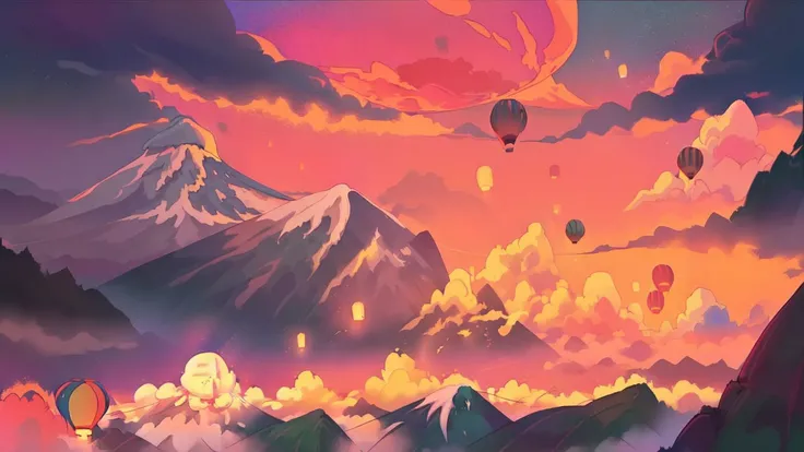 image of a close up flying hot air balloon in front of mt fuji in japan,Lofi Style <lora:Lofi Style:1>,