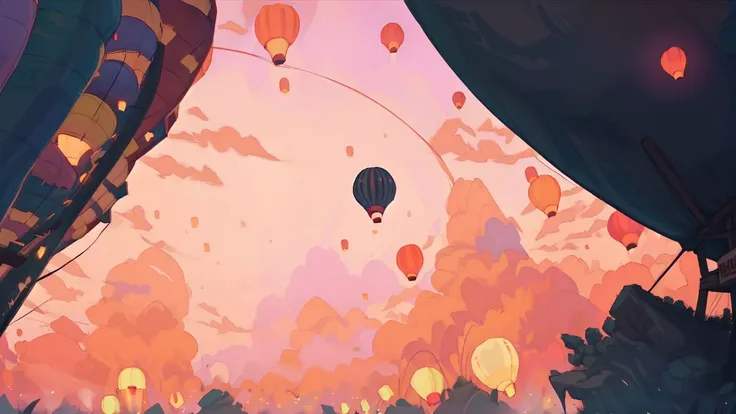 image of a close up flying hot air balloon,Lofi Style <lora:Lofi Style:1>,