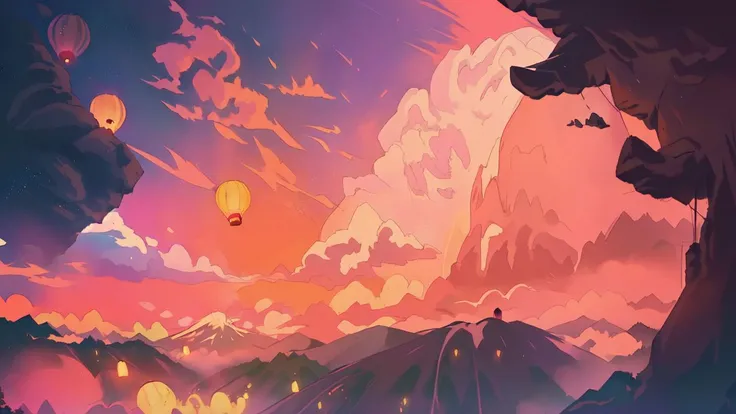 image of a close up flying hot air balloon in front of mt fuji in japan,Lofi Style <lora:Lofi Style:1>,