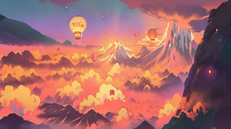 image of a close up flying hot air balloon in front of mt fuji in japan,Lofi Style <lora:Lofi Style:1>,