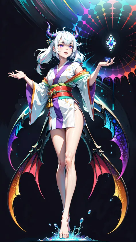 1girl, rainbow hair, rainbow eyes, japanese clothes, kimono, long hair, long sleeves, sash, solo, white kimono, wide sleeves, wind, white dragon, (Transparent background:1.5), ((masterpiece)), ((best quality)), ((extremely detailed)), illustration, (chubby girl:0.6), solo, mysterious, vivid color, shiny, underwater transparent sealed hemispherical glass dome, (white hair), (purple eyes), full body, barefoot, long hair tranquil nature, koi, Underwater, Dome, L deathnote, L from death note, Light yagami, light yagami from deathy note, (front view:1.1), Ryuk deathnote, running pose, death note style, oozing thick rainbow blood, vascular networks growing, connecting, explanding, rainbow veins everywhere, rainbow bloody veins growing and intertwining out of the darkness, oozing thick neon rainbow blood, veins growing and pumping blood, neon spider web, (nailed wire), (rainbow skin:1.3), Dynamic actions, Lens perspective, ((Box composition)), sit cross-legged and lean against the bookshel, volumetric lighting, multi-color eyes, detailed eyes, hyper detailed, light smile, highly detailed, beautiful, small details, ultra detailed, best quality, intricate, 8k, trending on artstation, good anatomy, beautiful lighting, award-winning, (abstract art:1.4), bleeding blue, blue theme, visually stunning, beautiful, evocative, emotional, side view, perfect lighting, perfect shading, volumetric lighting, subsurface scattering, (psychedelic art:1.4), (woman, demon:1.3), detailed girl feet, anime feet,  glowing rainbow teeth, glowing mouth, glowing border, symmetric, (electronic aura:1.1), heart on chest