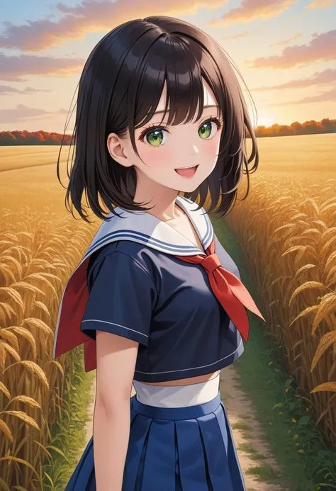 1girl, 18yo (white sailor-fuku, short sleeve, deep blue collar, deep blue skirt, red neckerchief:1.5) BREAK (cute,smile,bare face,big eyes, open mouth, black hair:1.4) straight hear, medium hair, cowboy shot, profile BREAK (autumn sunset,walk on country road, green field, cowboy shot:1.5) (action,dynamic pose,dynamic angle:1.4) (dynamic pose,dynamic angle:1.3) BREAK japanese, japanese idol, black eyes (best quality, ultra high res, Realistic, RAW photo, real person, portrait photography, photorealistic, detailed skin, fair skin, beautiful detailed eyes) <lora:neg4all_bdsqlsz_xl_V7:0.8>
