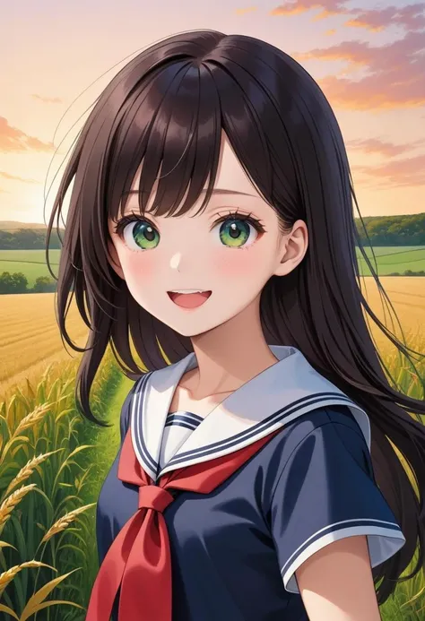 1girl, 18yo (white sailor-fuku, short sleeve, deep blue collar, deep blue skirt, red neckerchief:1.5) BREAK (cute,smile,bare face,big eyes, open mouth, black hair:1.4) straight hear, medium hair, cowboy shot, profile BREAK (autumn sunset,walk on country road, green field, cowboy shot:1.5) (action,dynamic pose,dynamic angle:1.4) (dynamic pose,dynamic angle:1.3) BREAK japanese, japanese idol, black eyes (best quality, ultra high res, Realistic, RAW photo, real person, portrait photography, photorealistic, detailed skin, fair skin, beautiful detailed eyes) <lora:neg4all_bdsqlsz_xl_V7:0.8>